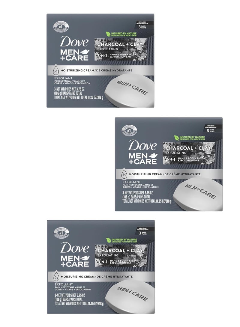 Dove Men+Care 3 Pack 3 in 1 Charcoal + Clay Soap Bar Each 106g Body Face and Hand Exfoliating, Purifying Bar Soaps for Men, Plant Based with Essential Oils, Moisturizes Dry Skin, Clean Scent - Image 1